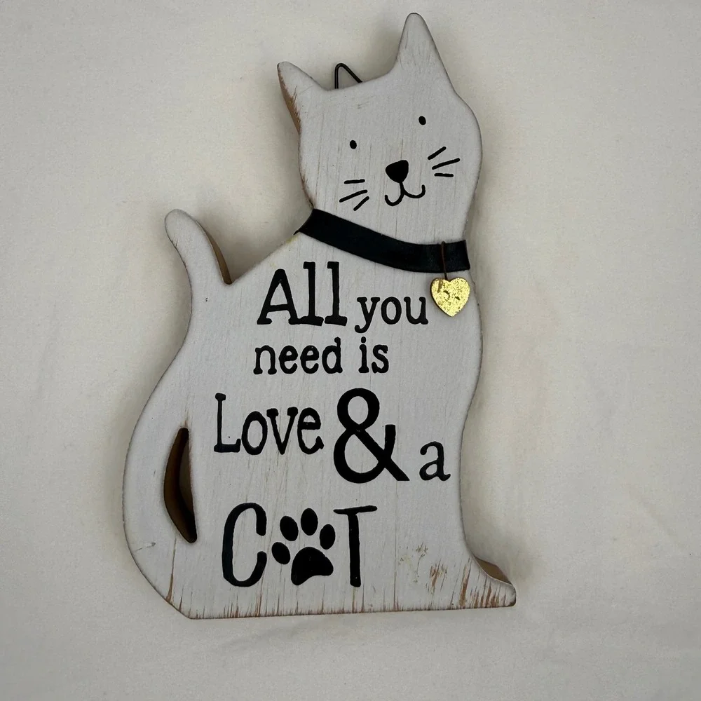 Rustic Wooden Cat Shelf Sitter Wall Plaque All You Need Is Love and a Cat White